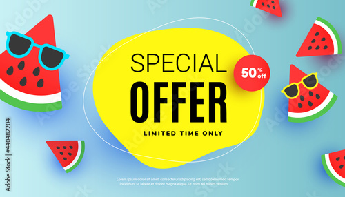 Summer sale special offer banner with sliced watermelon, ,sunglasses and bubble elements on yellow background for store marketing promotion.