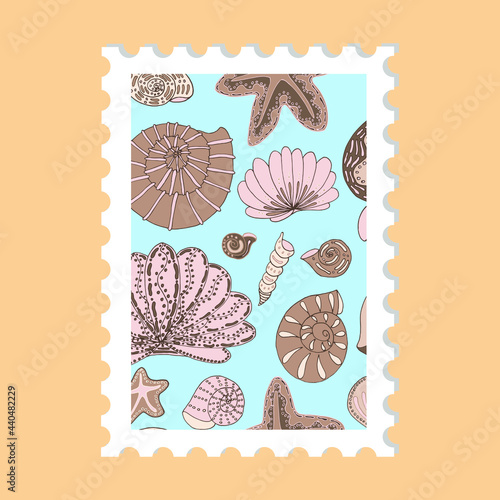 Vector beautiful hand drawn post stamp. Modern vector isolated post stamp design. Seashells and stars post stamp. Mail and post office conceptual drawing.