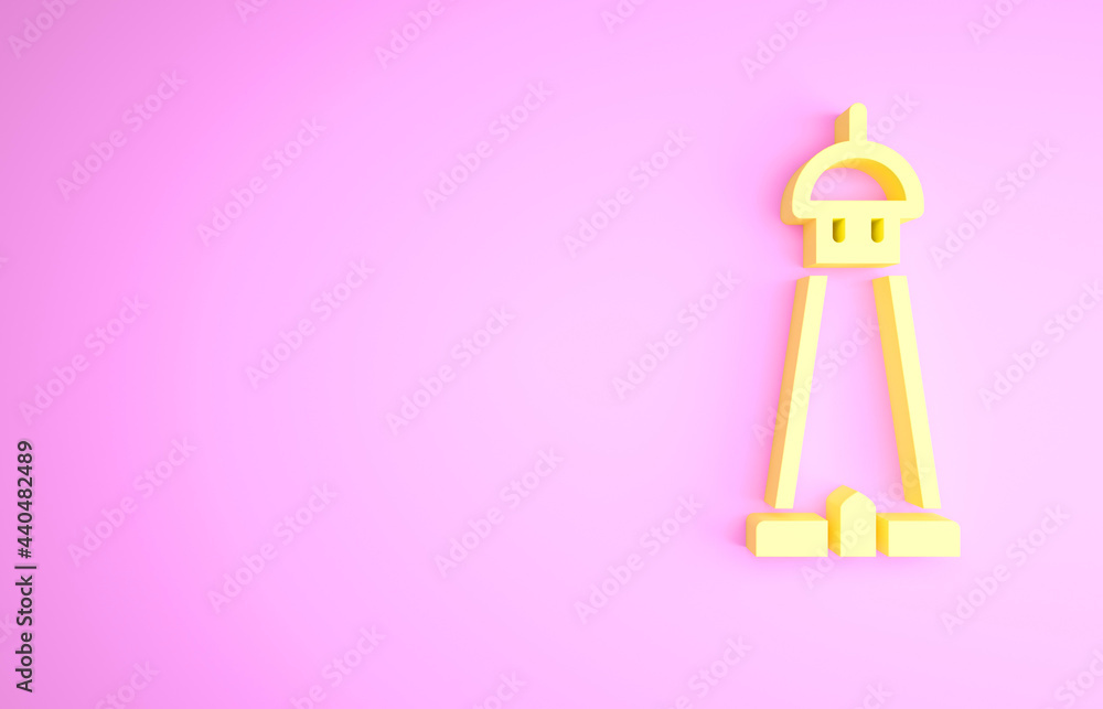 Yellow Mosque tower or minaret icon isolated on pink background. Minimalism concept. 3d illustration 3D render Yellow Mosque tower or minaret icon isolated on pink background. Minimalism concept. 3d illustration 3D render