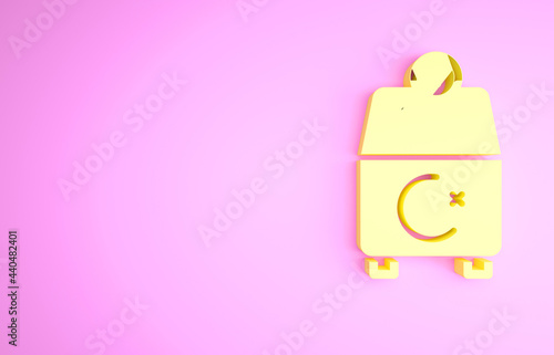 Yellow Donate or pay your zakat as muslim obligatory icon isolated on pink background. Muslim charity or alms in ramadan kareem before eid al-fir. Minimalism concept. 3d illustration 3D render