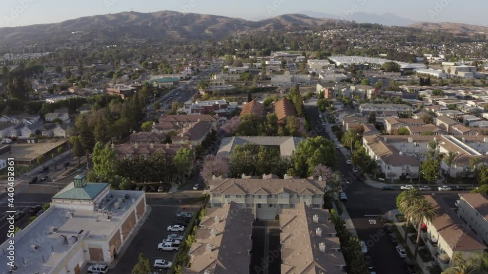 Sunset aerial view of the downtown urban core of Brea, California, USA. Sunset aerial view of the downtown urban core of Brea, California, USA.