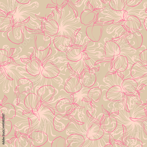 contour peach with leaves fruits isolated print hand illustration vector seamless pattern
