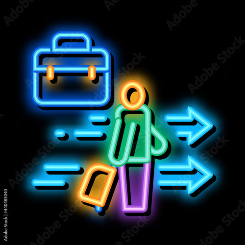 man with business suitcase neon light sign vector. Glowing bright icon man with business suitcase sign. transparent symbol illustration