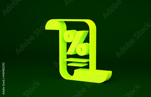 Yellow Finance document icon isolated on green background. Paper bank document for invoice or bill concept. Minimalism concept. 3d illustration 3D render