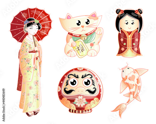 Kawaii style Japanese culture symbols set