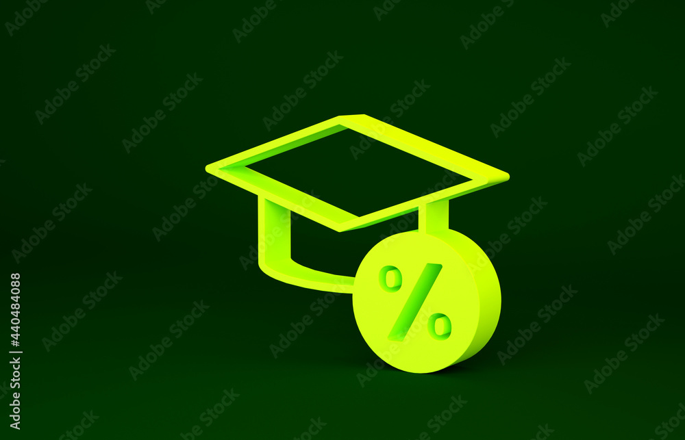 Yellow Graduation cap and coin icon isolated on green background. Education and money. Concept of scholarship cost or loan, tuition or study fee. Minimalism concept. 3d illustration 3D render Yellow Graduation cap and coin icon isolated on green background. Education and money. Concept of scholarship cost or loan, tuition or study fee. Minimalism concept. 3d illustration 3D render
