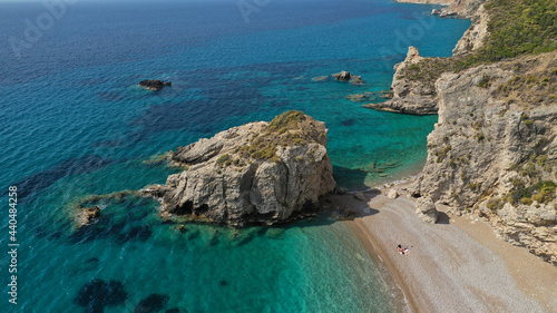 Aerial drone photo of beautiful turquoise paradise beach of Kaladi one of the best in island of Kythera, Ionian, Greece photo