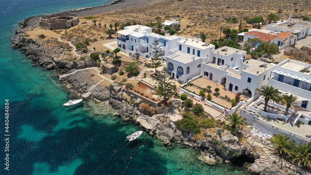 Aerial drone photo of famous seaside village and castle of Avlemonas, Kythira island, Ionian, Greece
