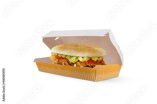 Blank yellow and white craft burger - sandwich box isolated on white background