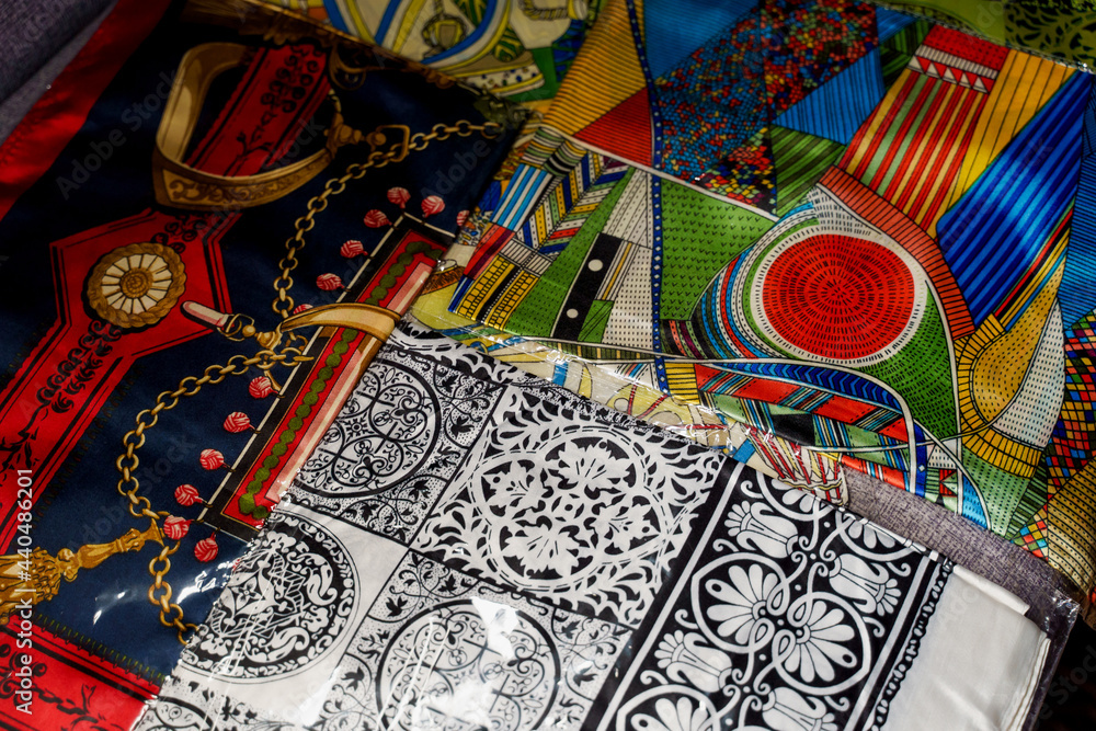 Obraz premium Silk scarf muslim. Multi-colored plain scarves.
