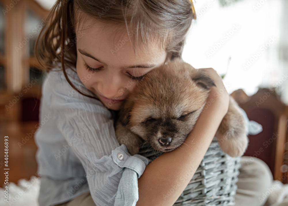 Little girl hugs a fluffy puppy in a basket. Little girl hugs a fluffy puppy in a basket.