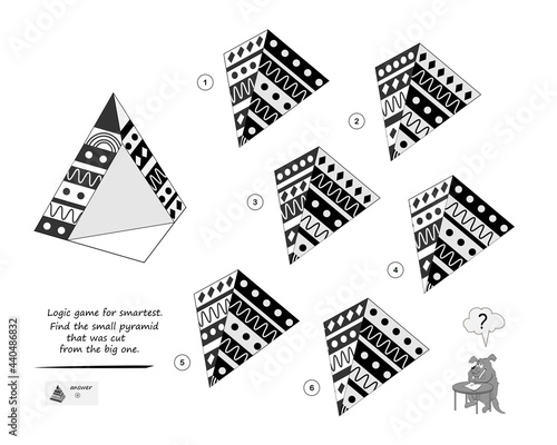 Logic game for smartest. Find the pyramid that was cut from the big one. Printable page for brain teaser book. 3D puzzle. Brainteaser book. IQ test. Play online. Developing spatial thinking.