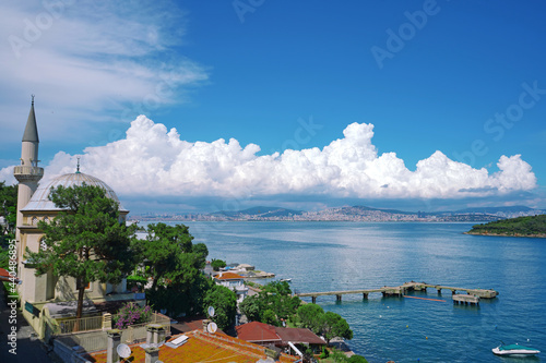 Fototapeta Naklejka Na Ścianę i Meble -  Burgazada view from a high building with mosque and clouds. Scenic view.                          