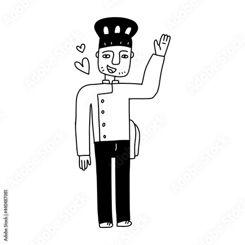 The male chef in the cap waves his hand. Hand drawn cartoon vector illustration in doodle style. Black on white isolated character.