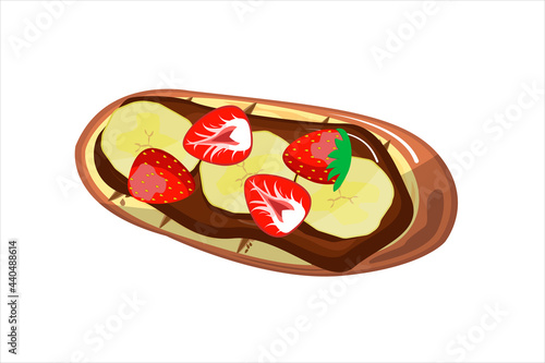Sweet sandwich with chocolate, banana, strawberry. bruschetta on white background. toast top view