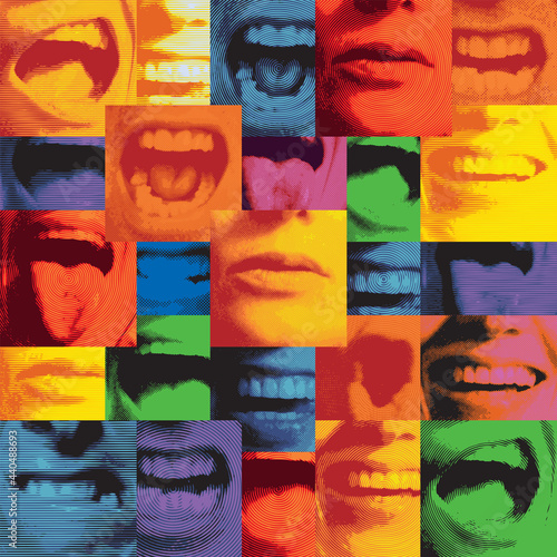 Bright seamless pattern with a collage of colored square fragments that depict human mouths expressing various emotions. Multicolored vector background, suitable for Wallpaper, wrapping paper, fabric