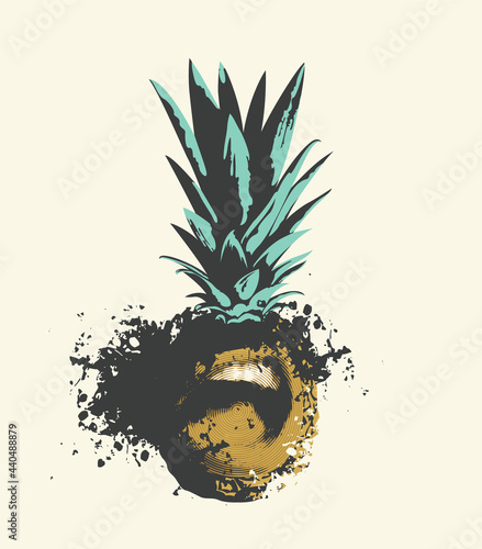 Vector illustration of a yawning pineapple with its mouth open. Summer banner with sweet tropical fruit with abstract spots in grunge style. An emotional character expressing boredom