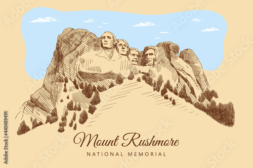 Colorful sketch of Mount Rushmore National Memorial, South Dakota, USA. Portraits of American presidents: Abraham Lincoln, George Washington, Thomas Jefferson, Theodore Roosevelt. Vintage card. photo