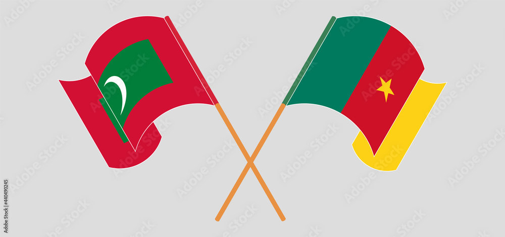 Crossed and waving flags of Maldives and Cameroon Crossed and waving flags of Maldives and Cameroon