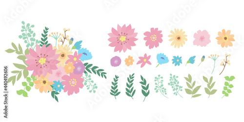 手描きの花と草木のカラフル花束とバラバラパーツセット