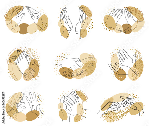 Silhouette Collection of human hands. Applause concepts in a modern one line style with plant leaves. Solid line sketches for decor, posters, stickers, logo. Vector illustration set.