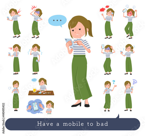 スマホを使って不幸せなカジュアルファッション女性のセット