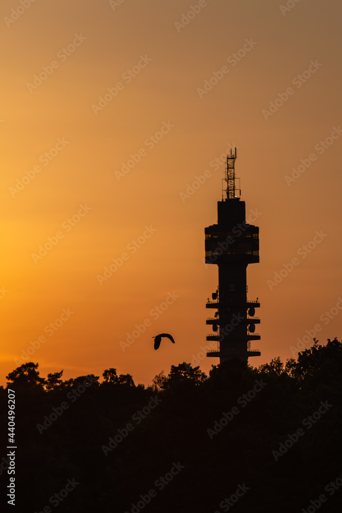 silhouette of the Kaknäs tv-tower in Stockholm at sunset
