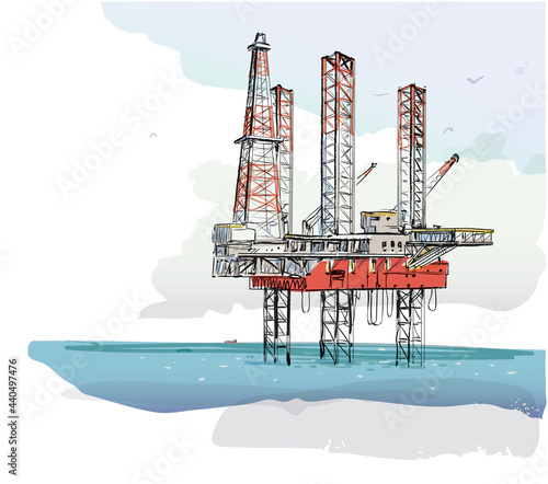 Oil platform at sea. Hand drawn colored sketch illustration