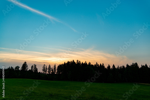 Sonnenuntergang hinter Bäumen, Wald, Bayern, Deutschland