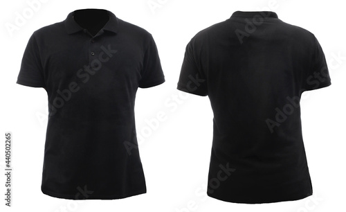 Blank collared shirt mock up template, front and back view, plain black t-shirt isolated on white