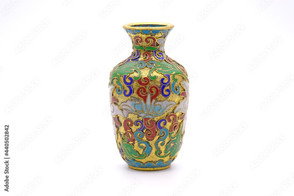 Antique Chinese Cloisonne enamel vase isolated on white background