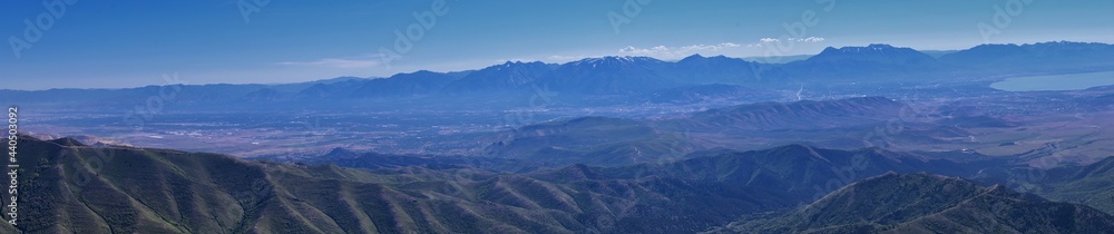 Lowe Peak views of Oquirrh range toward the Salt Lake Valley by Rio Tinto Bingham Copper Mine, in spring. Utah. United States.