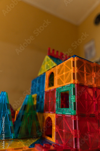 magnetic stacking toy in the form of a palace in the living room with a blur background © agitaprasetyo