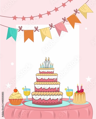 birthday party at home with large tart,pudding,mini cookies,and flag decoration flat design