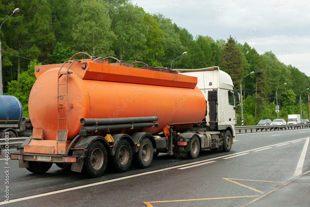 Fuel truck. Carrier of gas products. Transportation of gasoline.