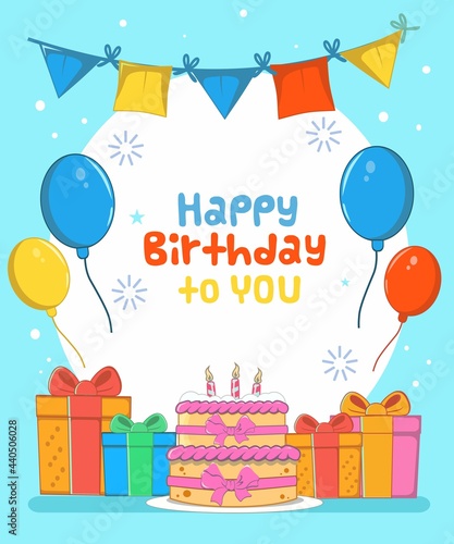 Photography happy birthday cake with tart cake,balloon, give and birthday ornament flat desi