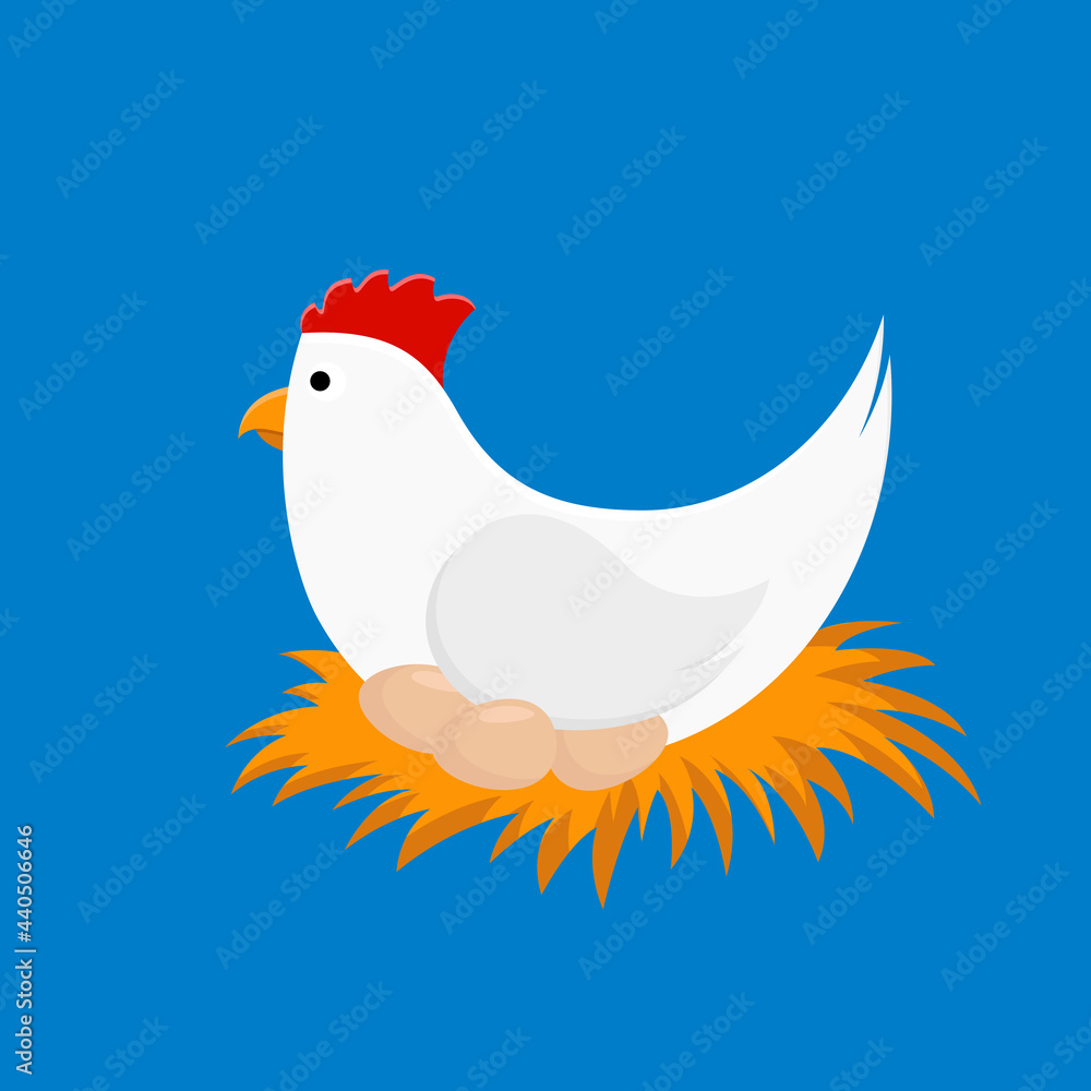 Illustration of a hen with eggs. Cute cartoon character, bird chicken collection. Vector illustration in flat style