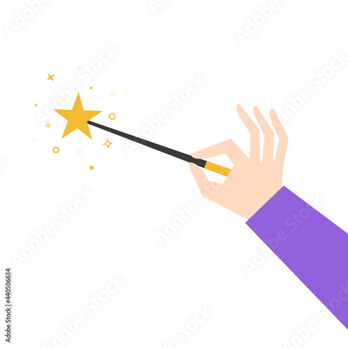 Magic wand with sparkle in hand isolated on white. Magician holding miracle magical stick Wizard tool. Vector illustration. Flat style
