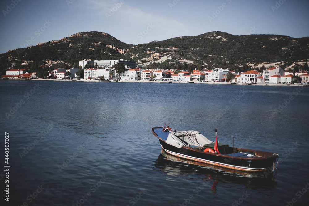 fishing, fishing boat, background, vacation, town, city, harbor, mountain, beautiful, port, summer, blue, boat, landscape, sea