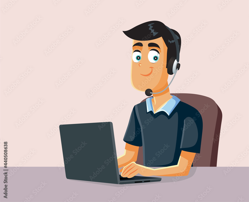 Male Call Center Operator Working on a Laptop Male Call Center Operator Working on a Laptop