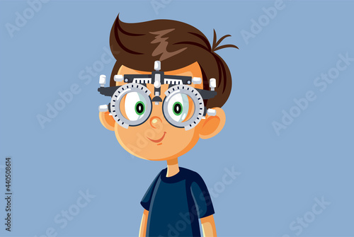 Little Boy Undergoing Eye Test with Phoropter