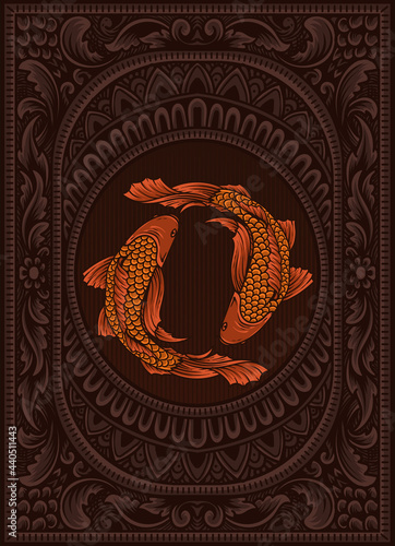 illustration japanese koi fish on vintage engraving ornament