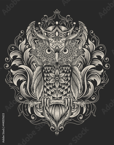 illustration owl bird with mandala ornament style