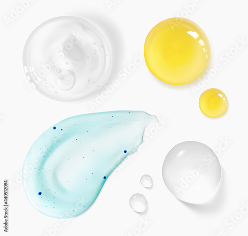 Scrub, cosmetic oil, clear aloe vera gel and transparent moisturizer serum drops 3d realistic vector illustration. Pure cosmetic beauty product isolated on white background