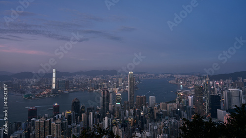 hong kong skyline at sunset from the peak