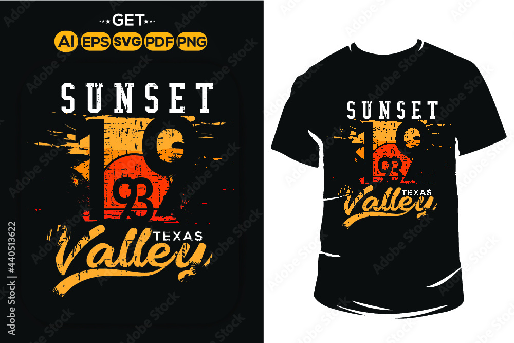 Naklejka premium Sunset valley 1993, Summer stylish typography t-shirt and apparel trendy design with palm trees silhouettes, sunset, colorful, print, vector illustration. Beach t shirt with grunge texture.