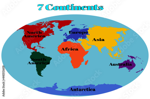 World map divided into 7 continents.