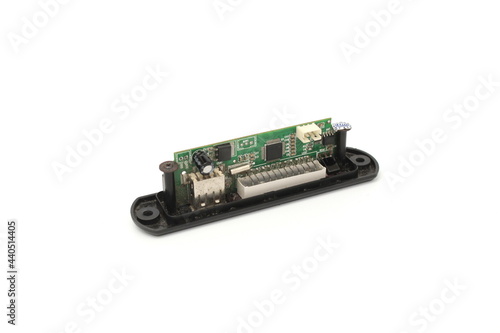 Mp3 player circuit board isolated white background. MP3 module decoder board