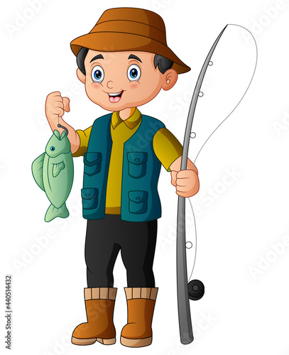 Fishermen in rubber boots with a caught fish and a fishing rod