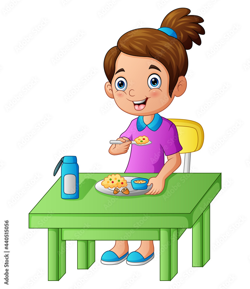 Cute a girl happily eating food illustration Cute a girl happily eating food illustration